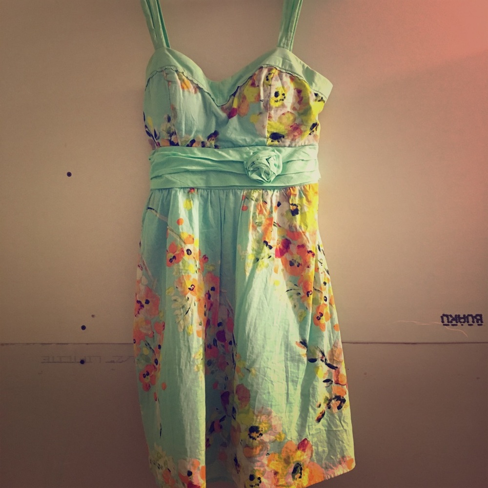Short Teal spring flowered dress
